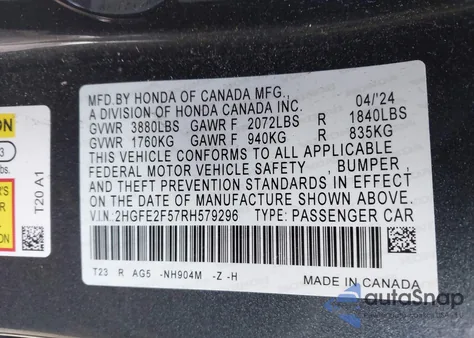 2024 Honda Civic Sport from USA, damaged, VIN 2HGFE2F57RH579296